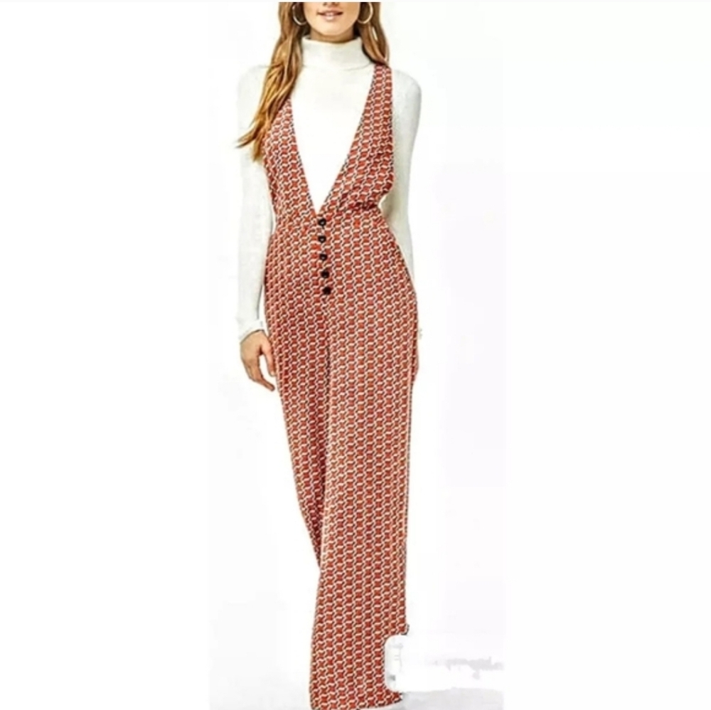 Forever 21 Women’s Sz S Geo Print Pinafore 1/2 Button‎ Pockets Open